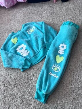 Justice Teal Blue Fleece Matching Set with Lime Green & White Appliqués